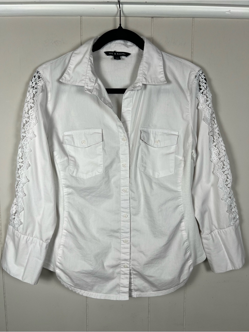 Zac & Rachel White Lace Trim Button Up Shirt Women‎ Medium Career Office